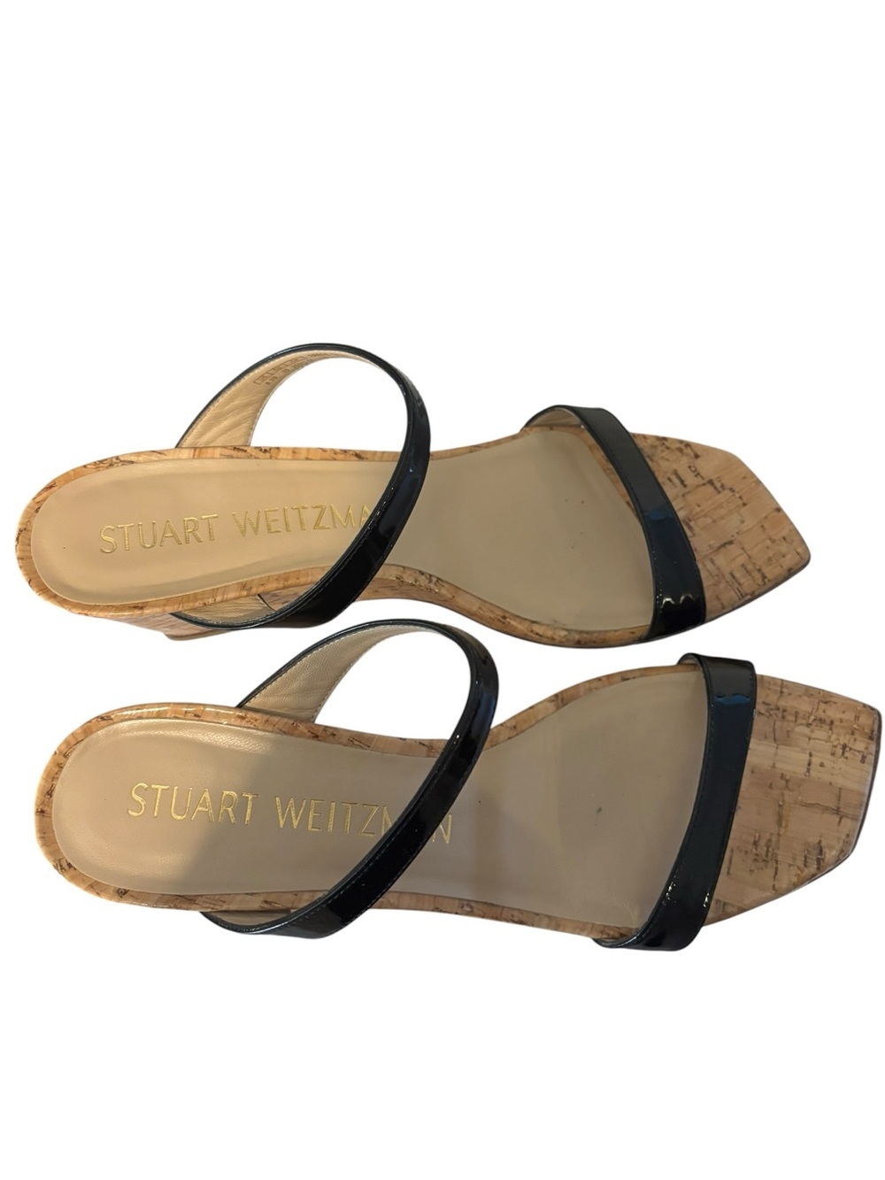 Stuart Weitzman Black Patent Double-Strap Cork Wedge Sandals Women’s Size 8